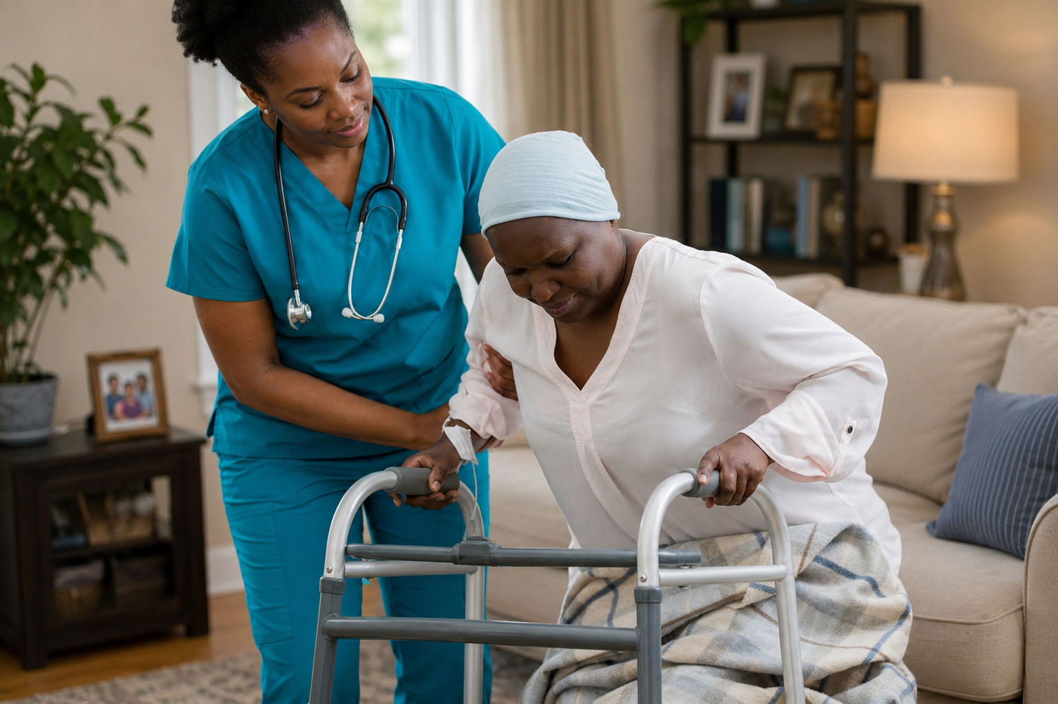 Compassionate palliative care nurse with a patient at home